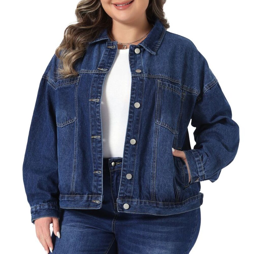 Women Plus Size Button Washed Western Denim Jacket Dark Blue
